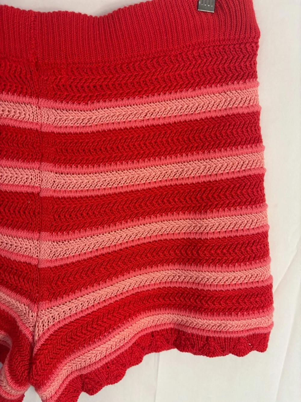 Striped Red Crochet Knit Beaded Draw String Pull On Retro Boho Shorts Size XL - Picture 6 of 9
